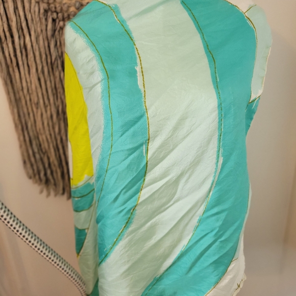 Vana Elegant Teal and Yellow Silk Scarf 24X24 - Picture 5 of 5